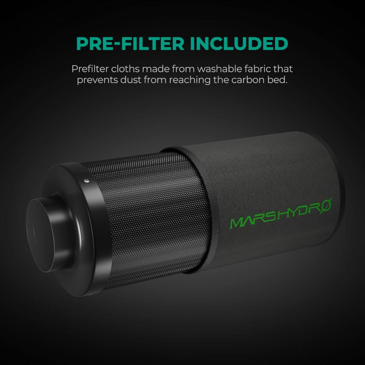 Mars Hydro air carbon filter with pre-filter cloth designed to prevent dust from reaching the carbon bed.