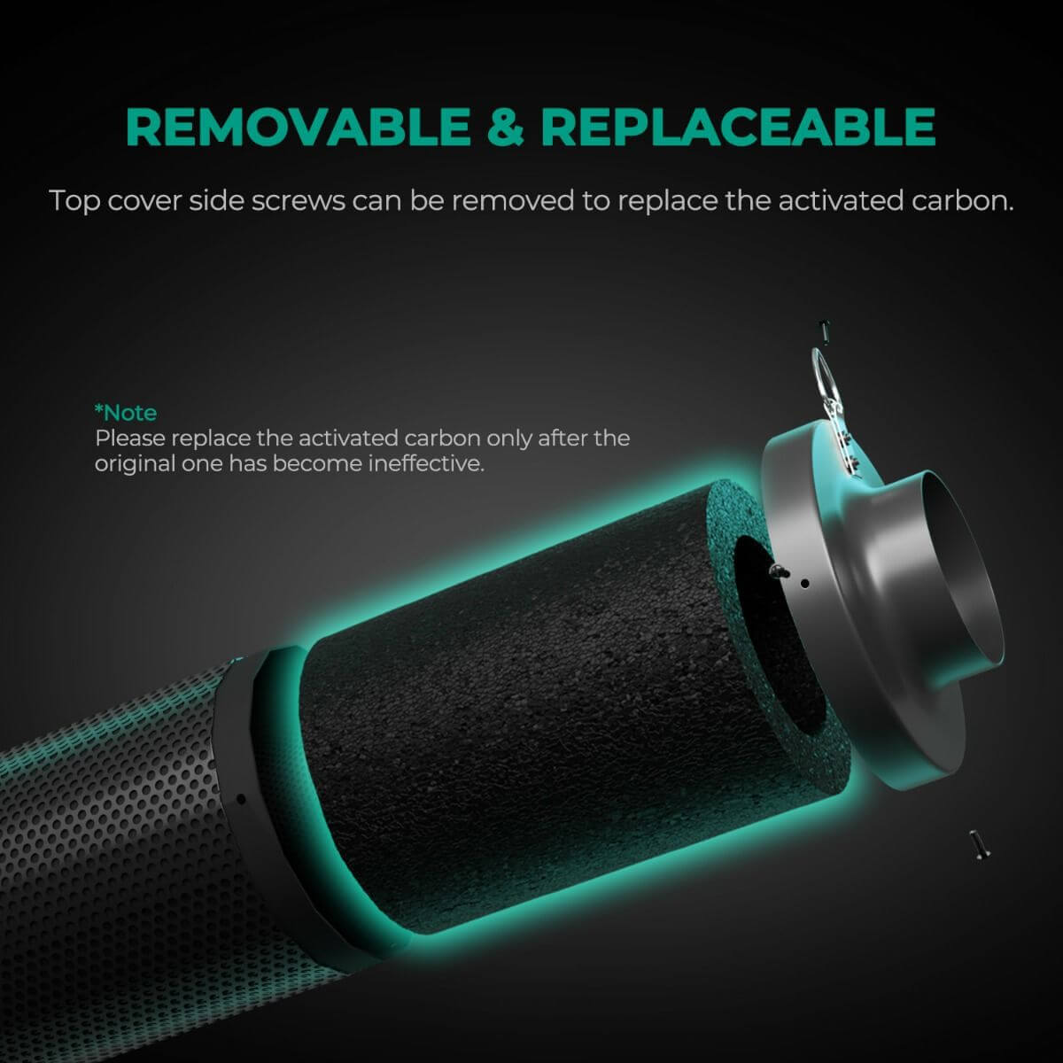 Close-up of the Mars Hydro Inline Air Carbon Filter showing removable top cover and activated carbon replacement feature.