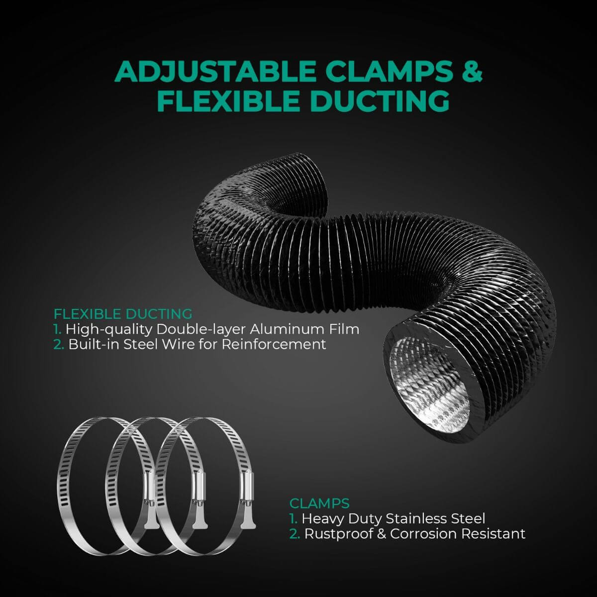 Adjustable clamps and flexible ducting system featuring high-quality aluminum film and heavy-duty stainless steel clamps.