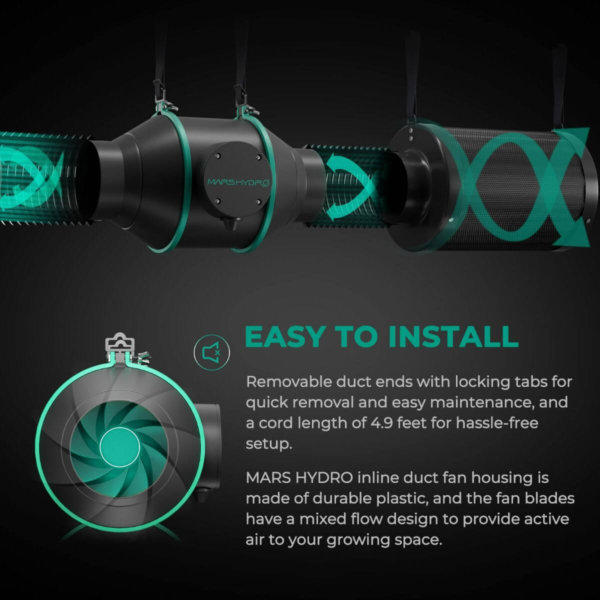 Mars Hydro 4" inline duct fan setup, featuring removable ends for easy maintenance and a mixed flow design for optimal ventilation.