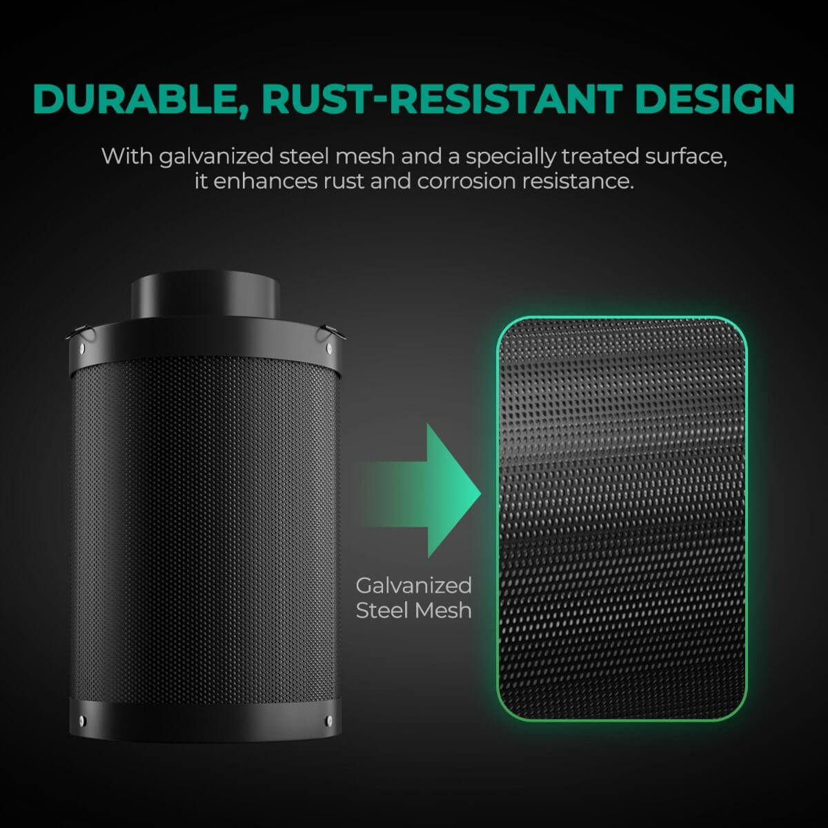 Durable rust-resistant inline air carbon filter with galvanized steel mesh design for enhanced corrosion resistance.