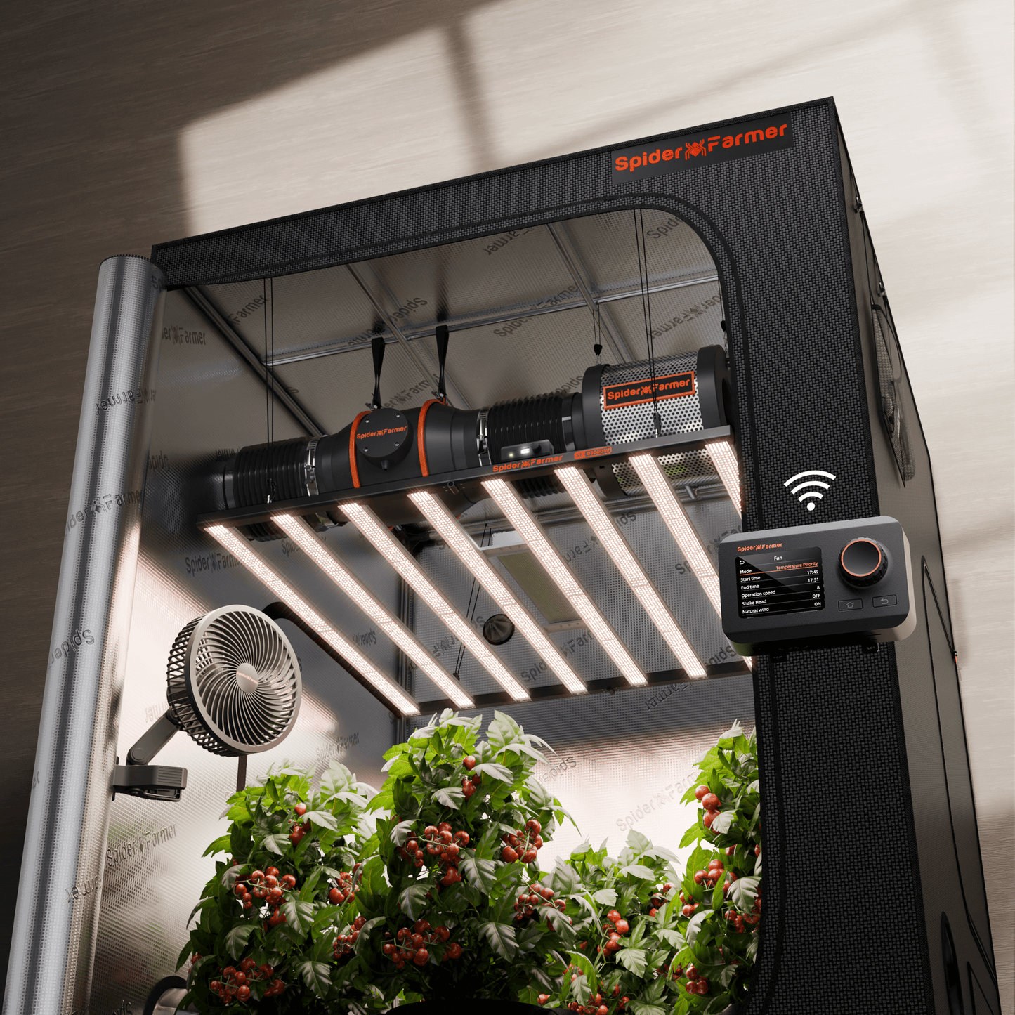 Spider Farmer G1000W LED grow light in a grow tent with plants, 6" inline fan, and controller for optimal plant growth.