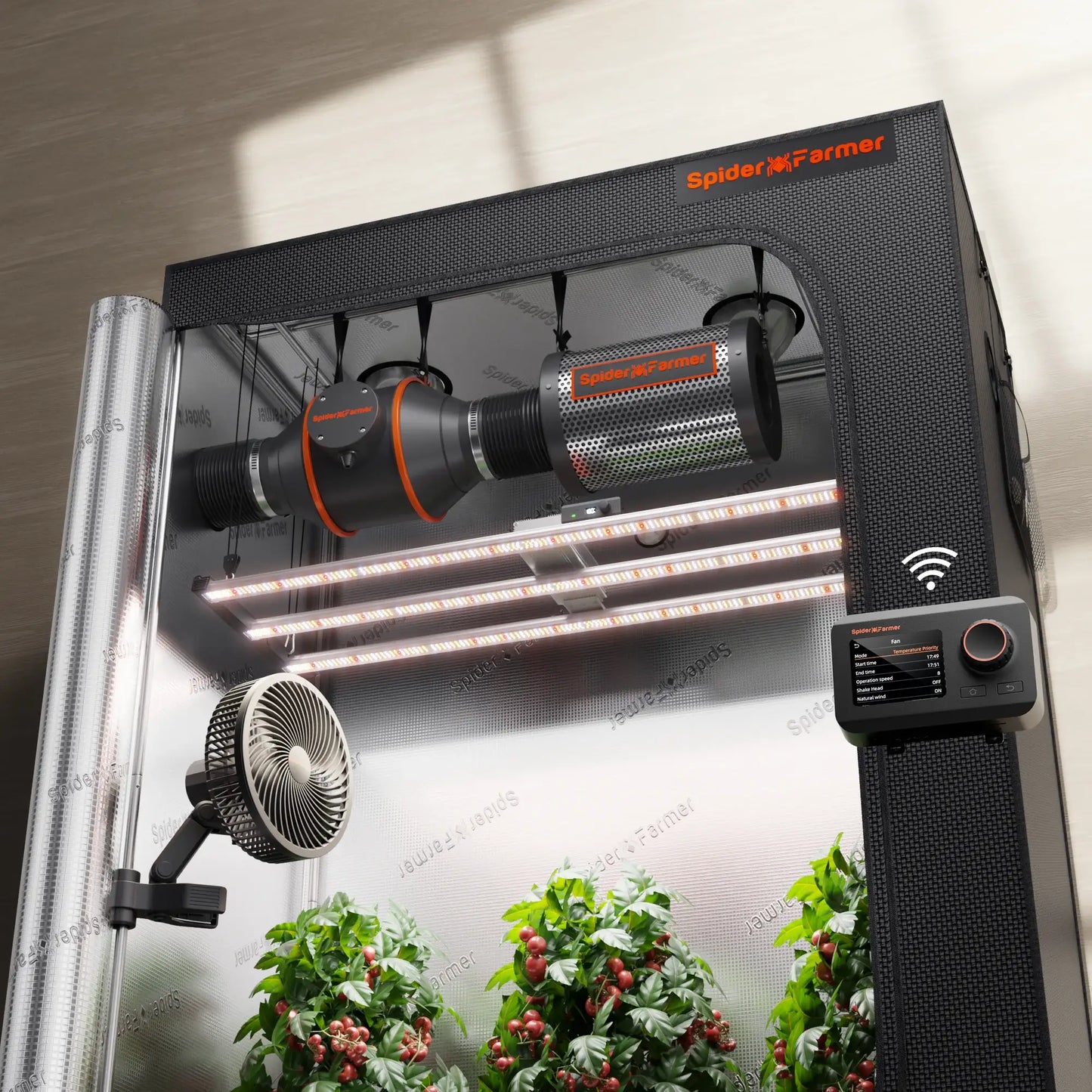 Spider Farmer G4500 LED grow light with inline fan, temp controller, and clip fan in grow tent.