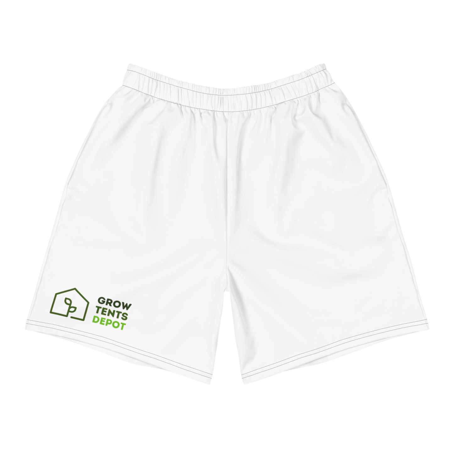 Men's athletic shorts by Grow Tents Depot in white, featuring a logo on the left leg, made from recycled polyester and spandex.