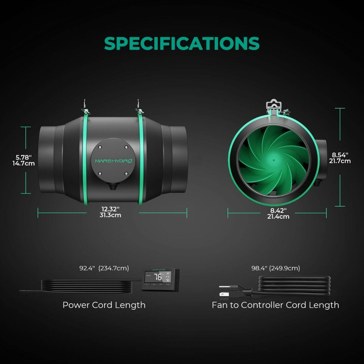 Specifications for Mars Hydro 6" inline duct fan, including dimensions and power cord lengths.