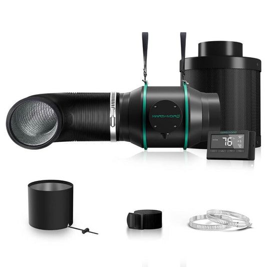 Mars Hydro 6" inline duct fan and carbon filter combo with humidity controller for effective indoor ventilation.