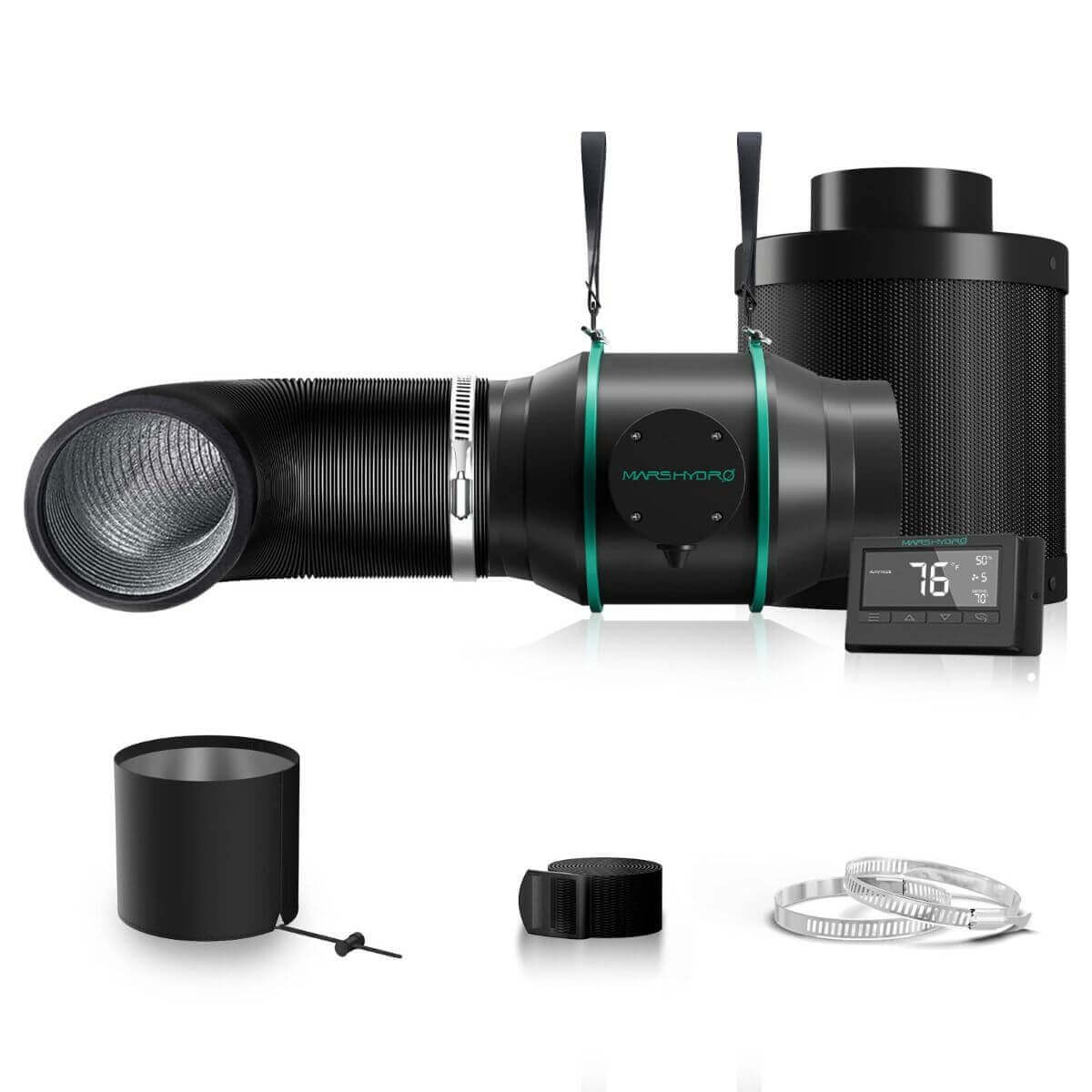 Mars Hydro 6" inline duct fan with temperature controller, carbon filter, and flexible ducting for efficient airflow management.