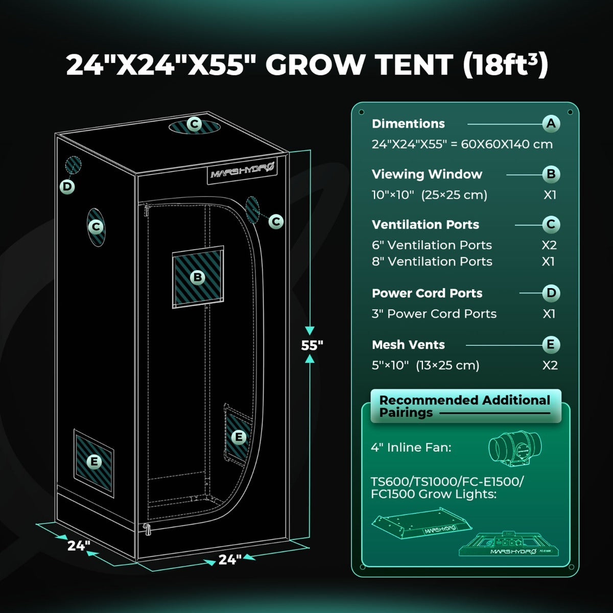 Mars Hydro 2' x 2' x 4' 8" (60cm x 60cm x 140cm) Indoor Grow Tent product image 2
