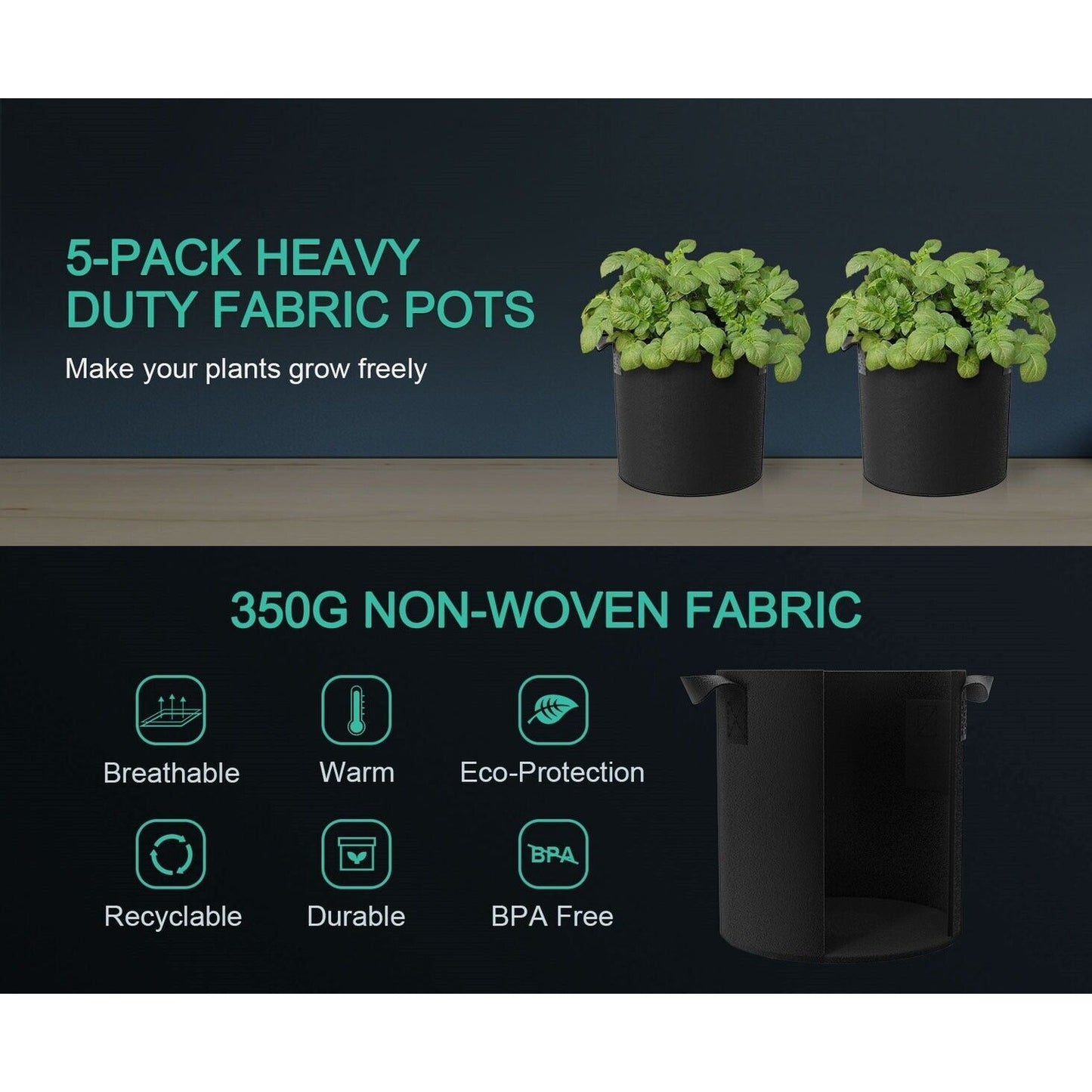 Mars Hydro 5 Gallon Black Fabric Grow Bag w/ Handles - 5-Pack product image 5