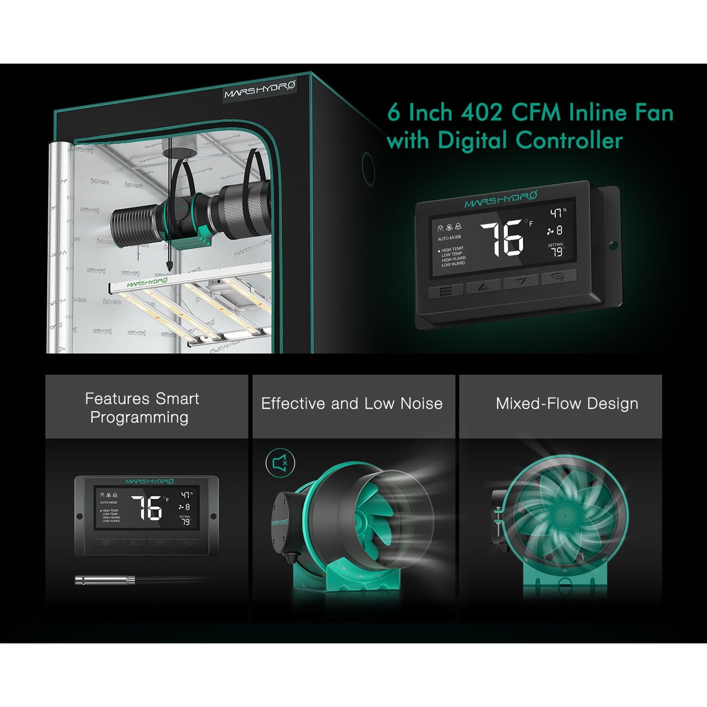 Mars Hydro 6" Inline Duct Fan w/ Temperature & Humidity Controller product image 4