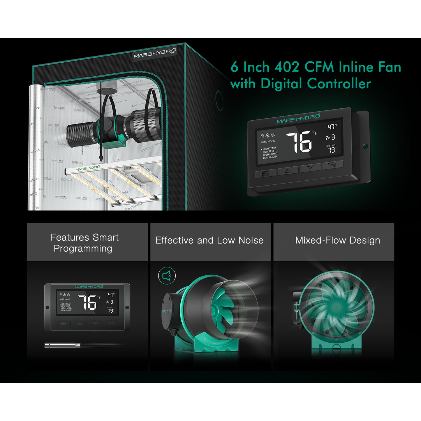 Mars Hydro 6" Inline Duct Fan w/ Temperature & Humidity Controller product image 4