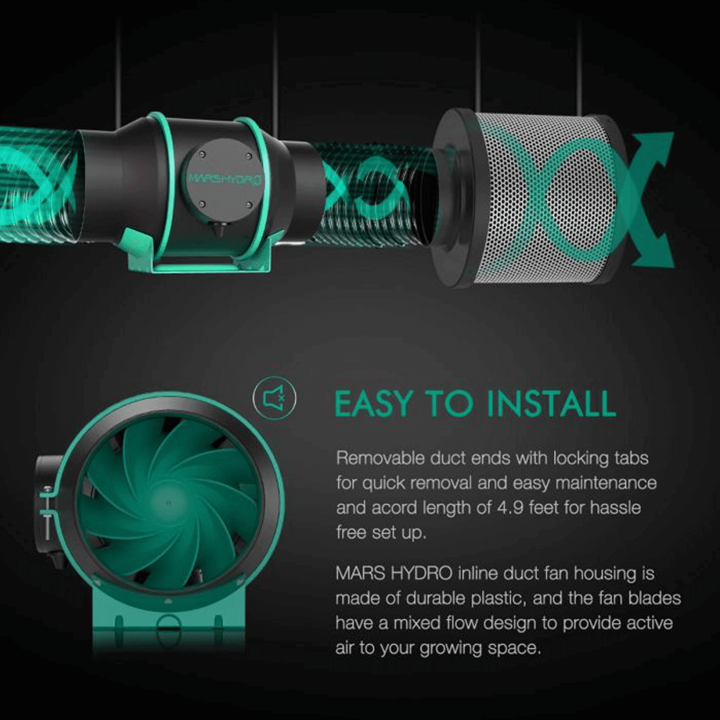 Mars Hydro iFresh 4" Smart Inline Duct Fan for easy installation, featuring a durable design and phone app control.