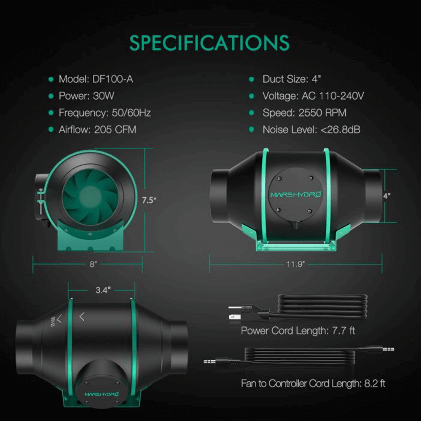 Mars Hydro iFresh 4" Smart Inline Duct Fan Specifications and Dimensions