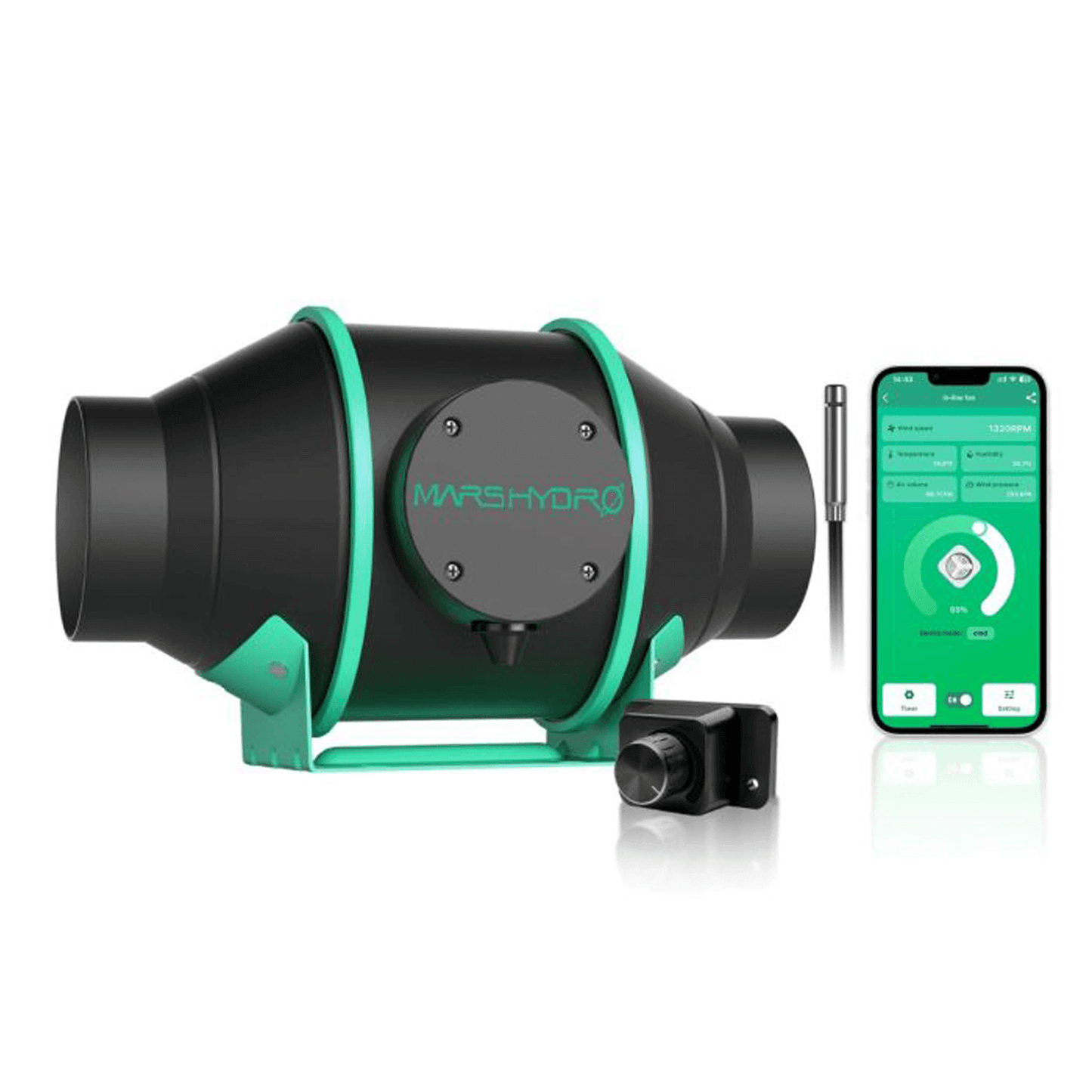 Mars Hydro iFresh 4" Smart Inline Duct Fan with Phone App Control, featuring 205CFM airflow and quiet 26.8dBA operation.