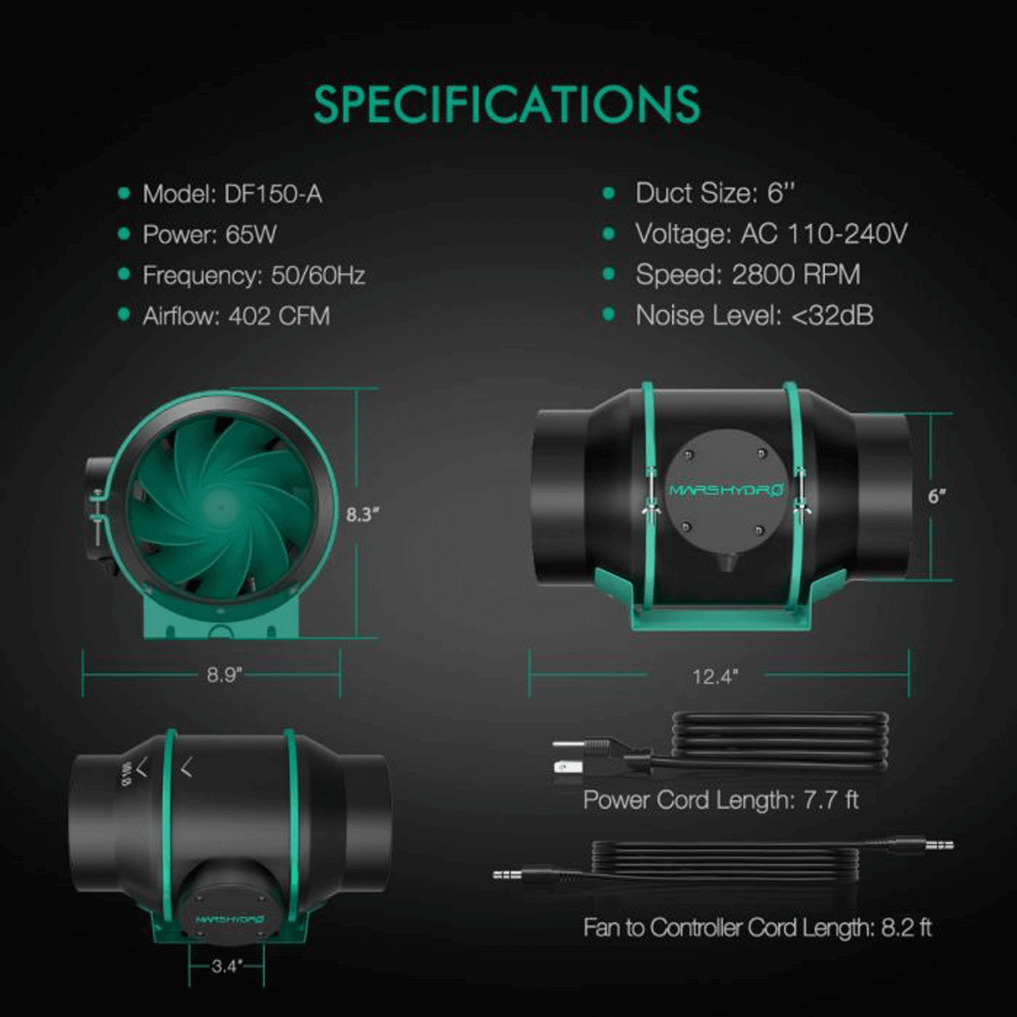 Mars Hydro iFresh 6" Smart Inline Duct Fan Specifications Diagram with dimensions, airflow, speed, and noise level details.