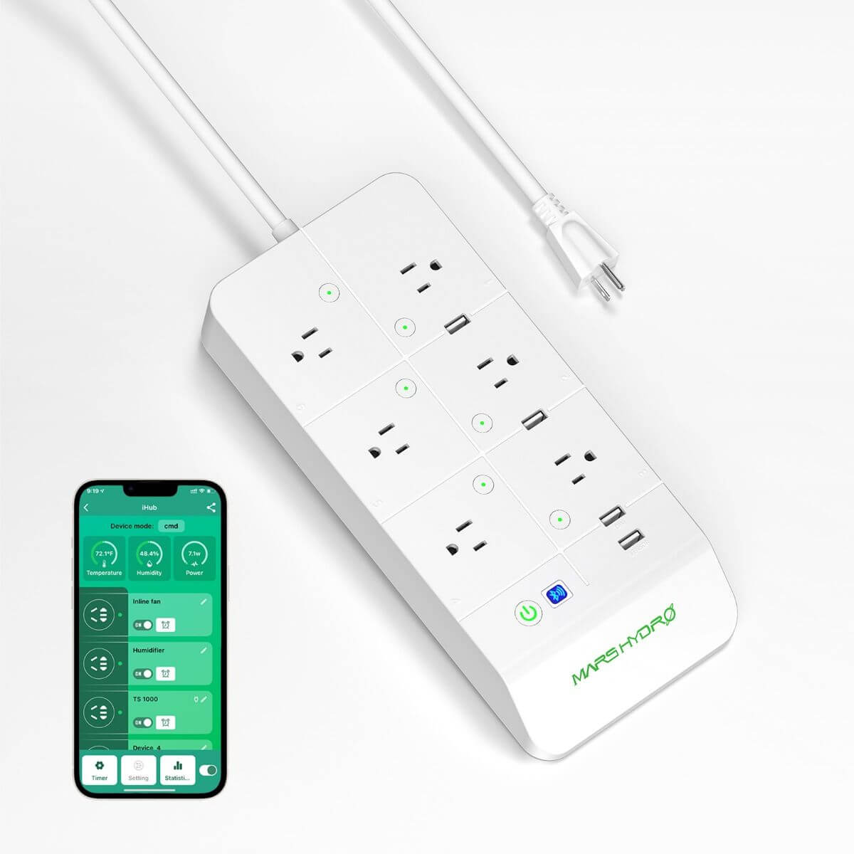 Mars Hydro iHub Smart Power Strip with app control, featuring multiple outlets and USB ports for LED grow lights.