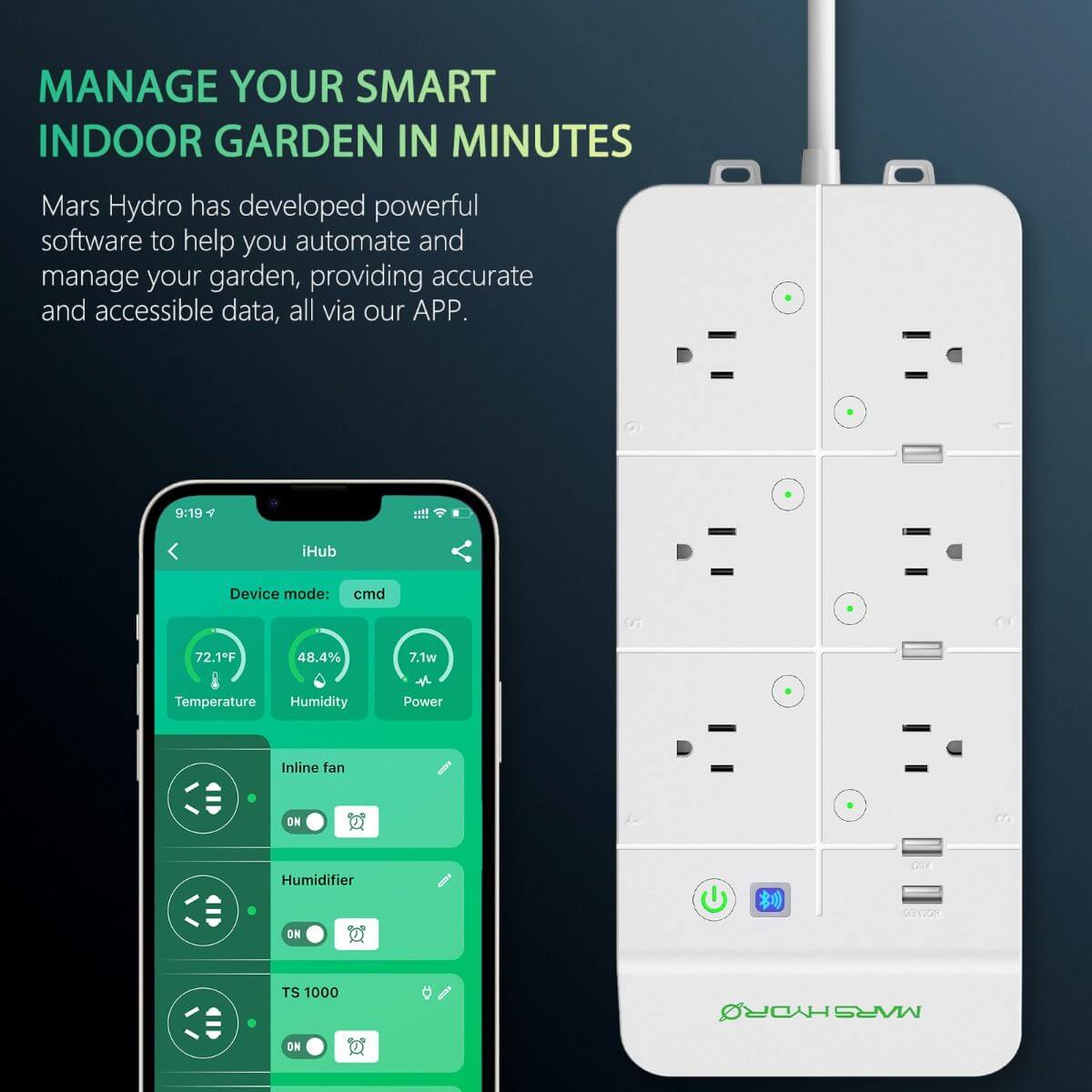 Mars Hydro iHub Smart Power Strip with app interface for managing indoor garden settings and automation features.