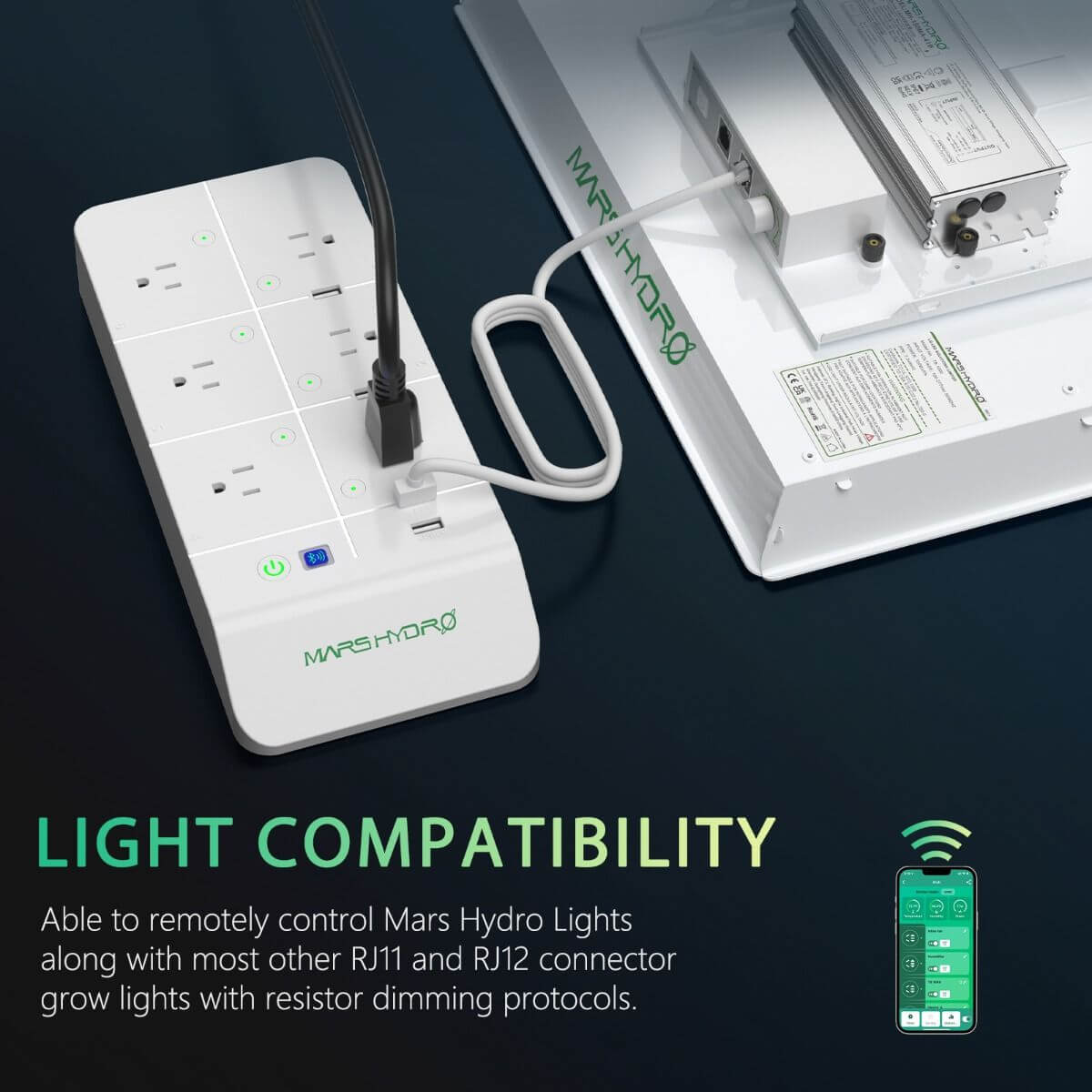Mars Hydro iHub Smart Power Strip shown with compatible LED grow lights and remote control features.