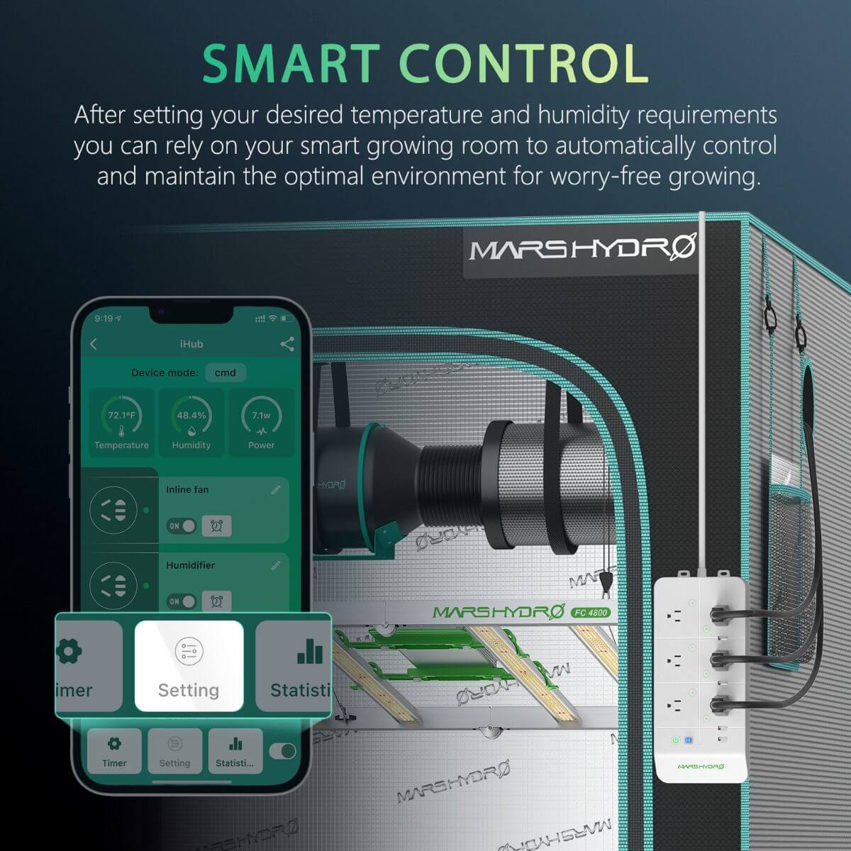 Mobile app interface for smart control of Mars Hydro grow room settings for temperature and humidity.