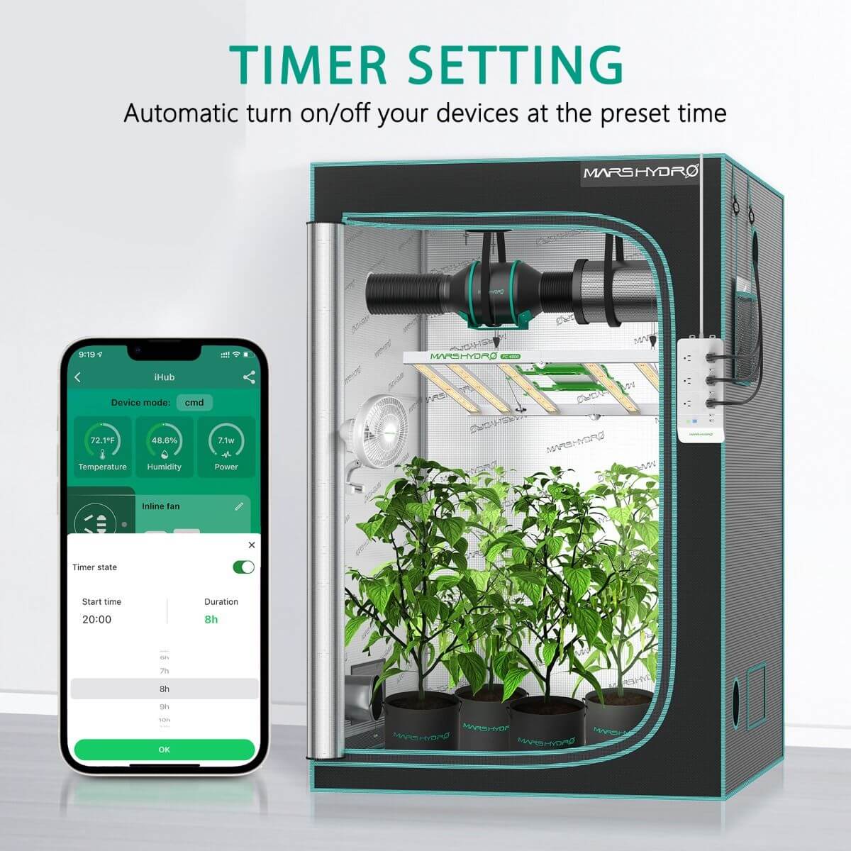 Mars Hydro iHub Smart Power Strip image showing timer setting for automated device control in a grow tent.