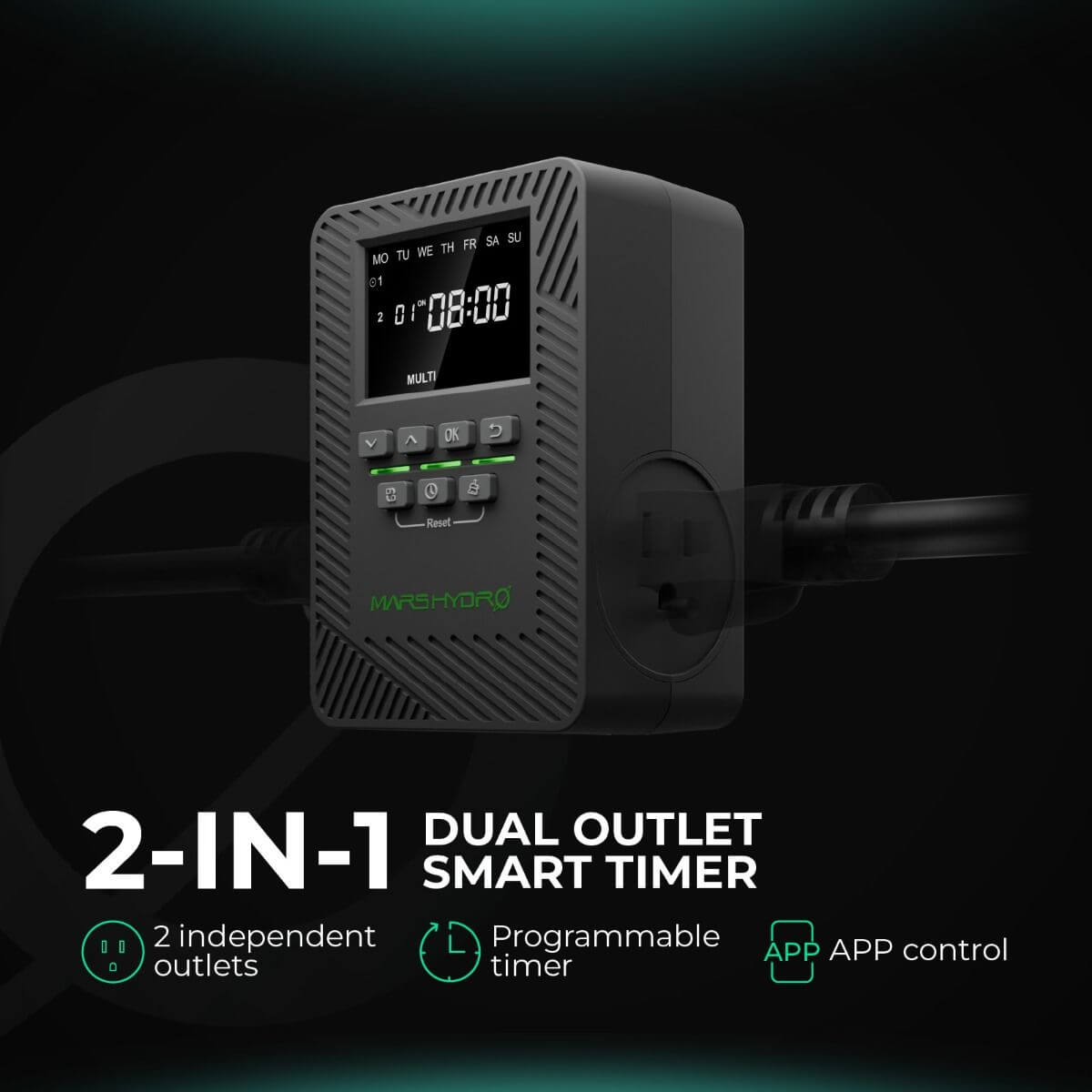Mars Hydro iTime 2-in-1 dual outlet smart timer with app control and programmable features.