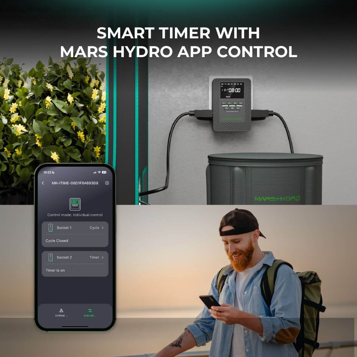 Mars Hydro iTime smart timer with app control shown alongside smartphone for remote gardening management.