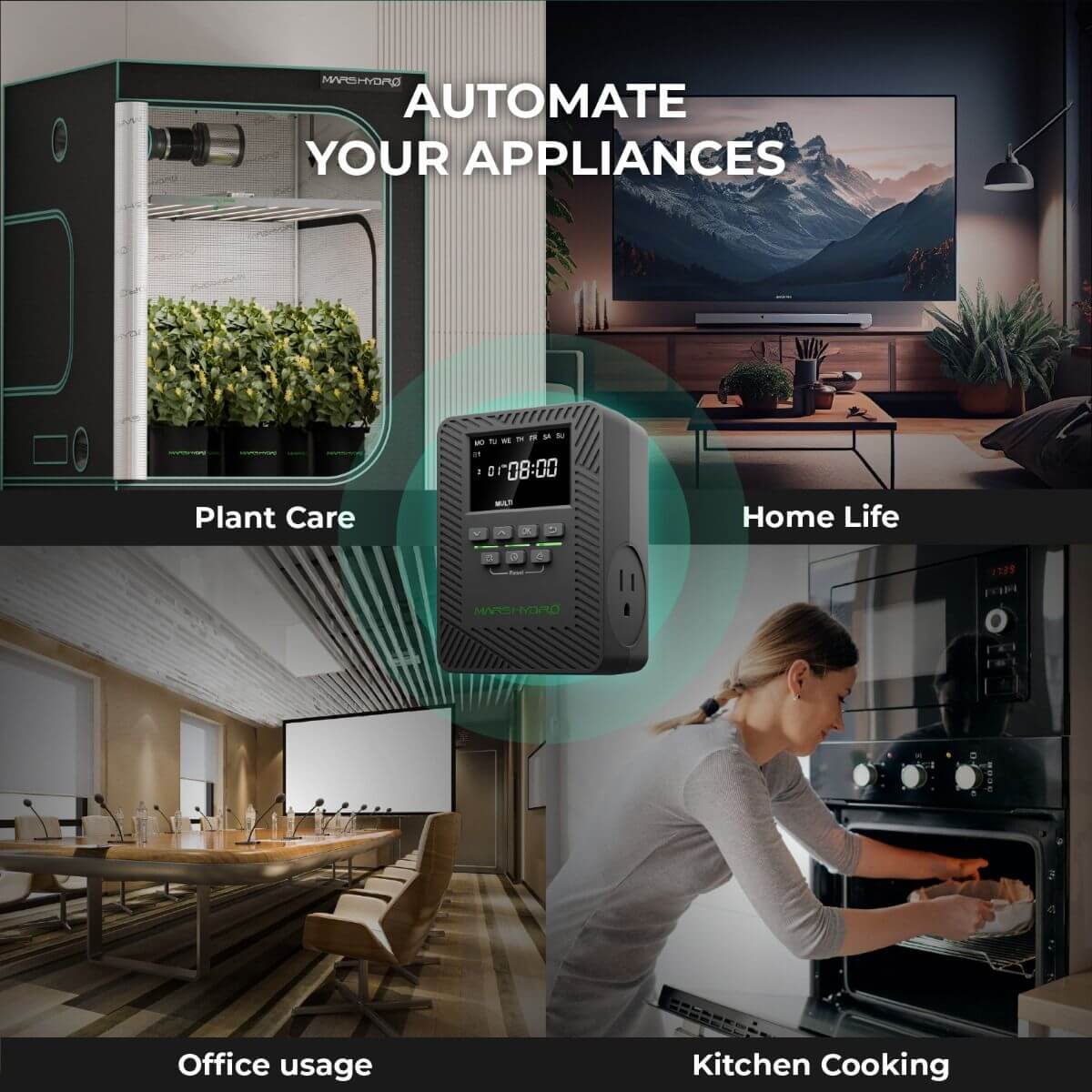 Mars Hydro iTime Smart Timer showcased in various settings: plant care, home automation, office use, and kitchen cooking.