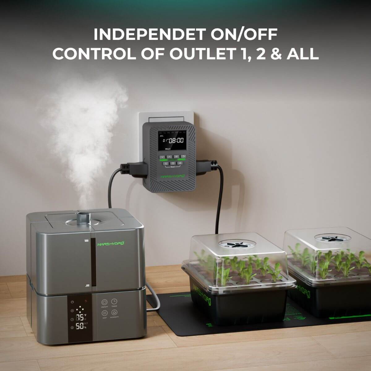 Mars Hydro iTime Smart Timer with dual outlets for independent control over devices, enhancing plant growth automation.