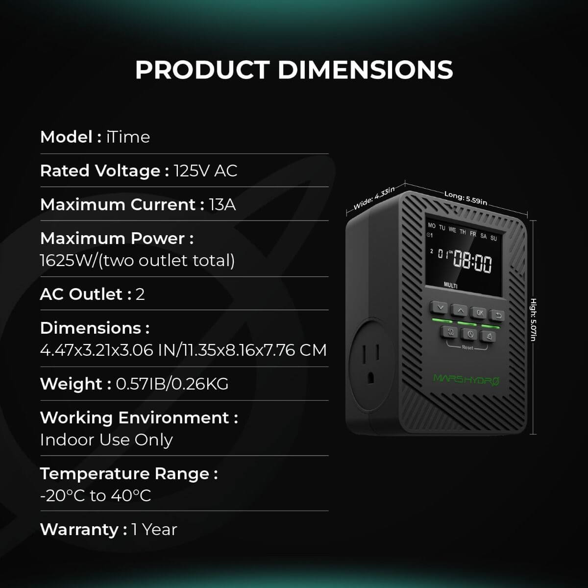 Mars Hydro iTime smart timer product dimensions and specifications including voltage, current, and design features.