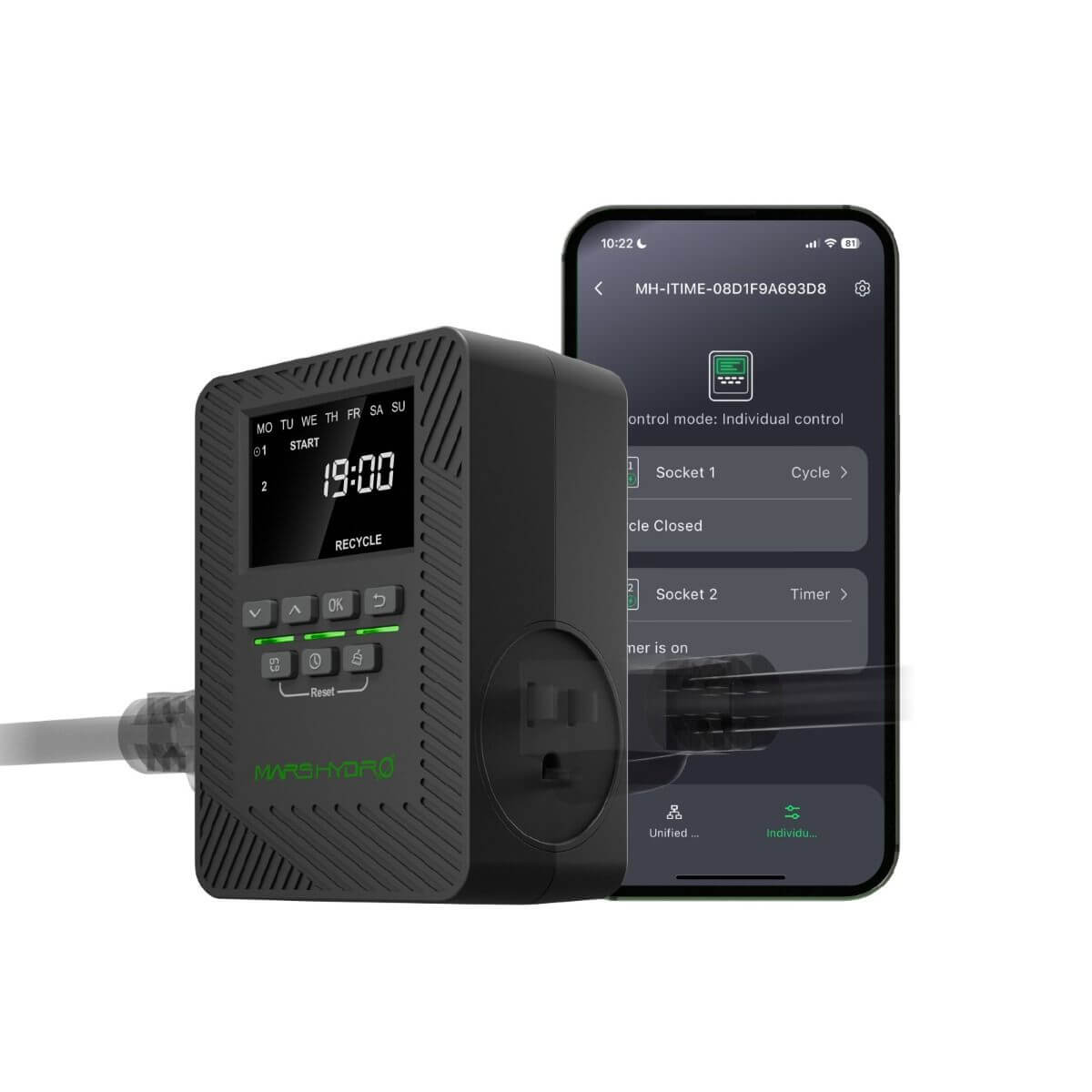 Mars Hydro iTime 2-in-1 Smart Timer with app control showcasing dual outlets and digital display.