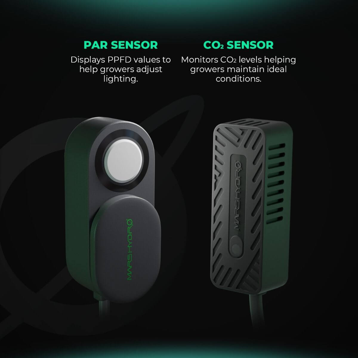Mars Hydro PAR and CO2 sensors for monitoring plant growth, ensuring ideal lighting and CO2 levels.