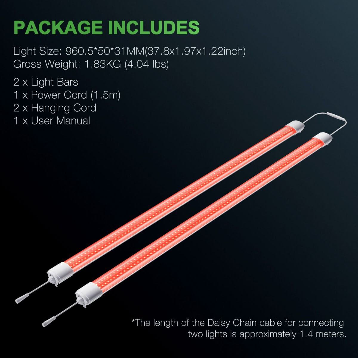 Mars Hydro VG80 80W LED grow light package includes two light bars, power cord, hanging cord, and user manual.