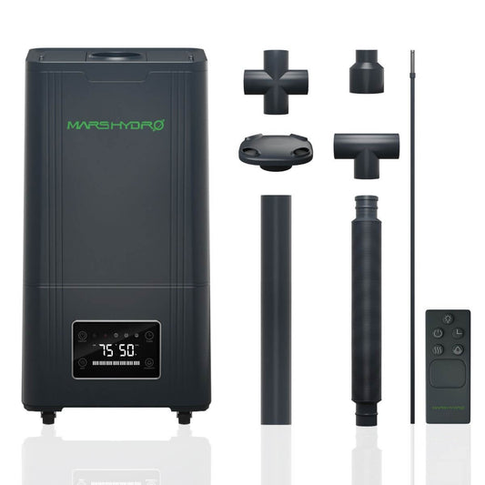 Mars Hydro 15L Large Humidifier with ultrasonic mist, remote control, and accessory parts for plant care.