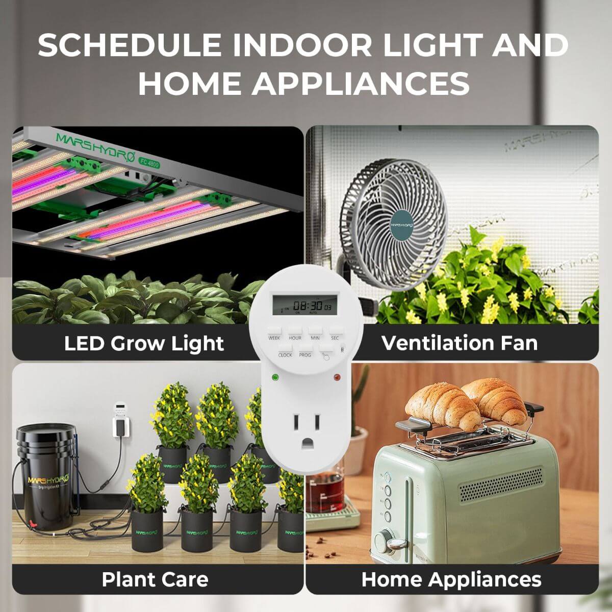 Mars Hydro 7-Day Programmable Digital Timer automating LED lights, ventilation fans, plant care, and home appliances.