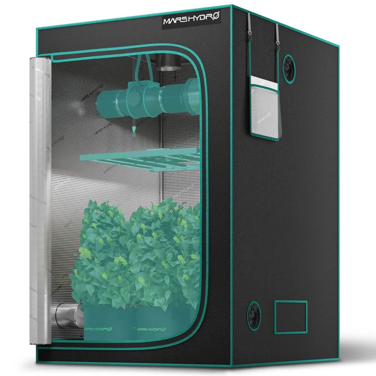 Mars Hydro 4'x4'x6'8" indoor grow tent showcasing plants, heavy-duty design, and observation window.