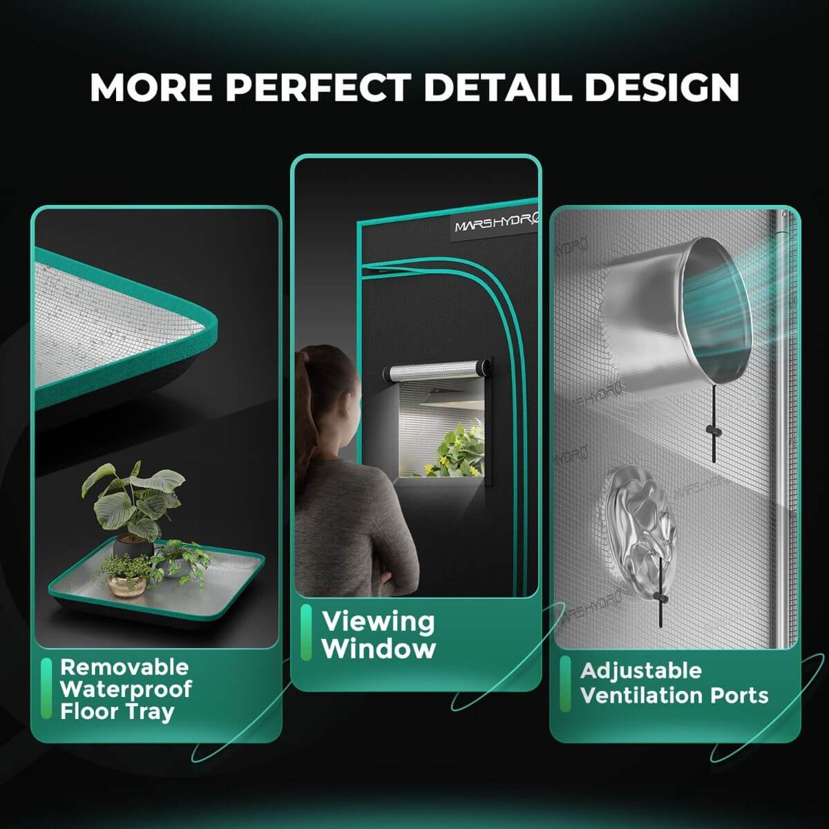 Mars Hydro indoor grow tent features: removable floor tray, viewing window, and adjustable ventilation ports.