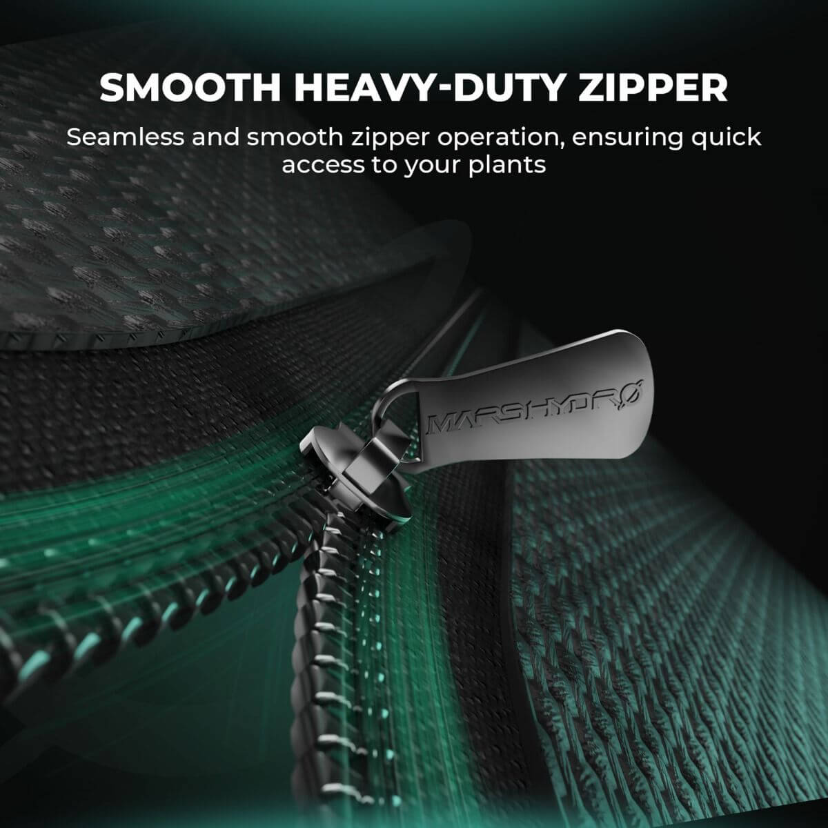 Close-up of Mars Hydro grow tent's smooth heavy-duty zipper for easy plant access.