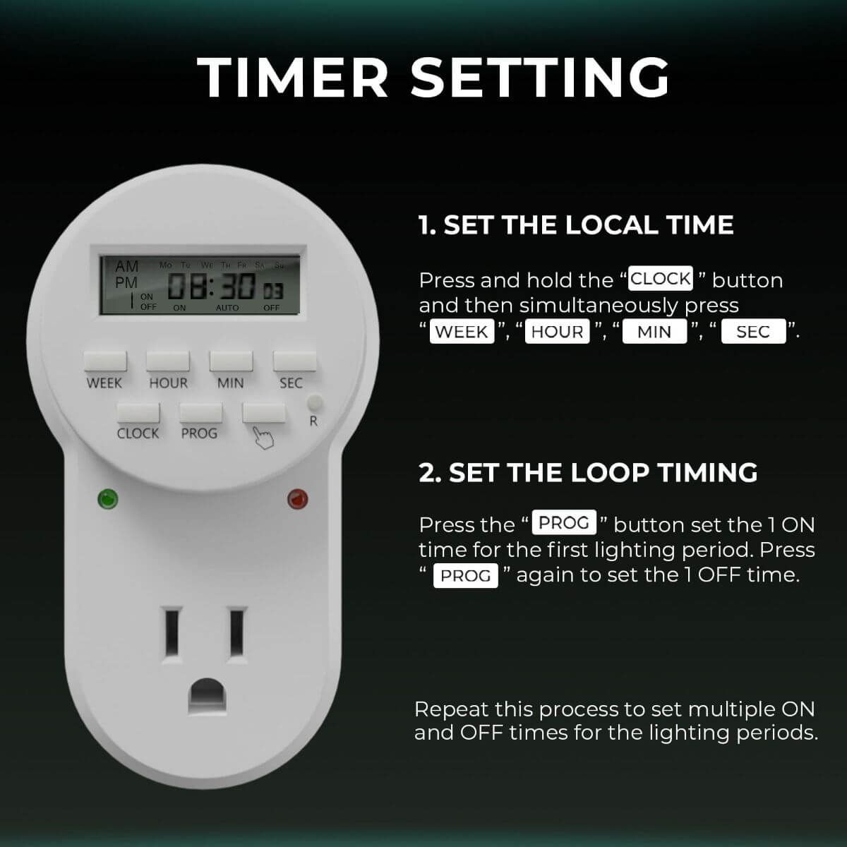 Mars Hydro Digital Timer instructions for setting local time and loop timing with user-friendly buttons.