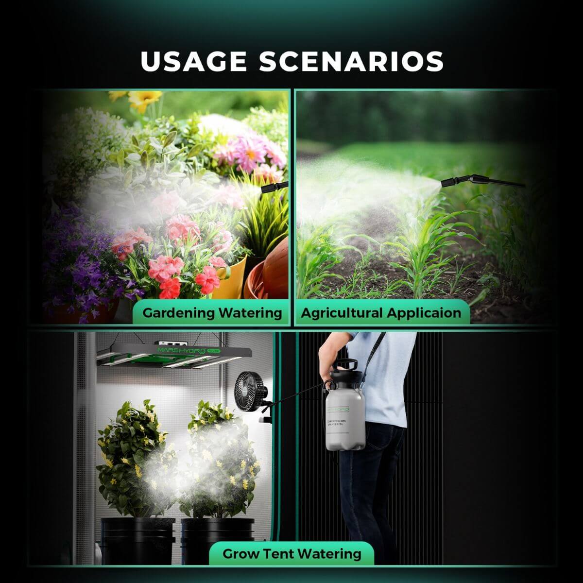 Usage scenarios of Mars Hydro 1.35 Gallon Pump Pressure Sprayer for gardening, agriculture, and grow tent watering.