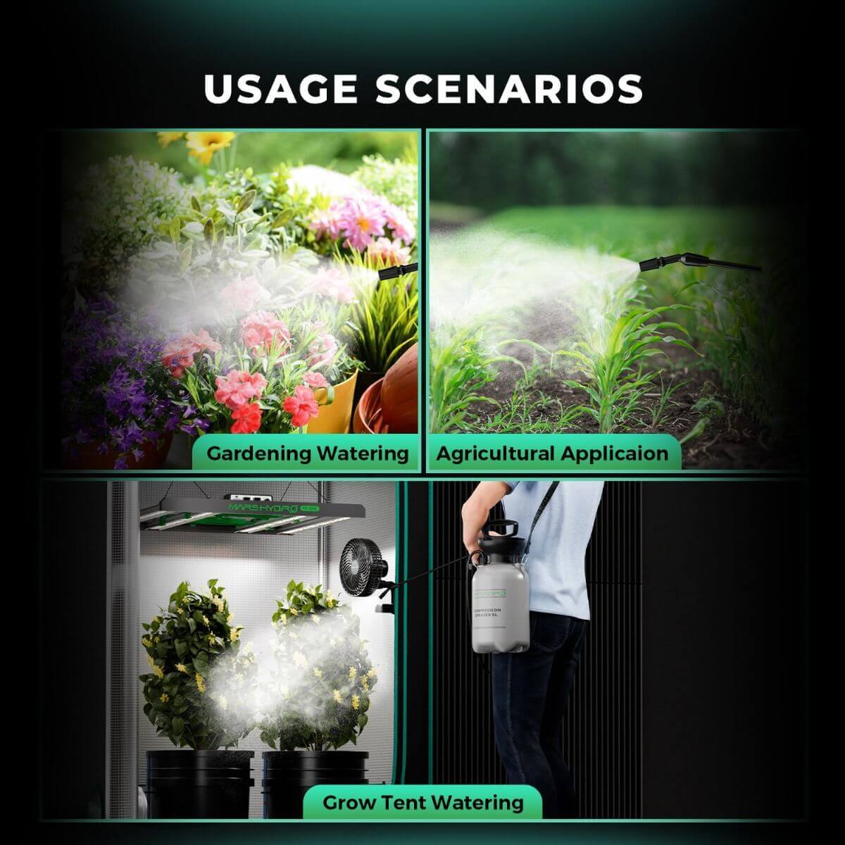 Usage scenarios of Mars Hydro 1.35 Gallon Pump Pressure Sprayer for gardening, agriculture, and grow tent watering.