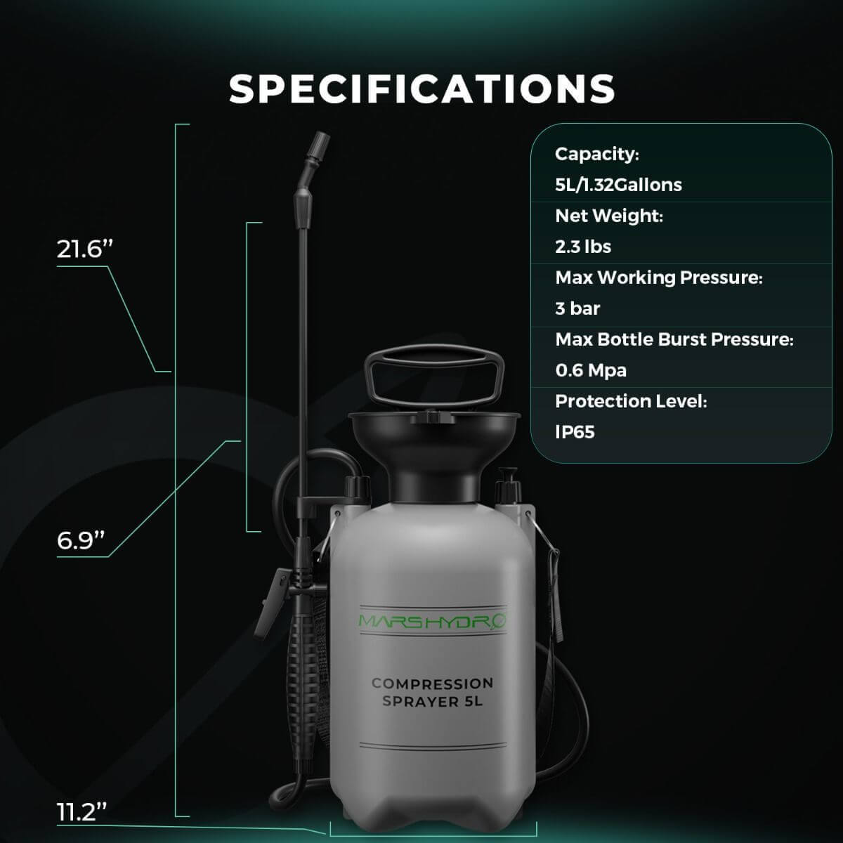 Mars Hydro 1.35 Gallon Pump Pressure Sprayer specifications image showing capacity, weight, and pressure details.