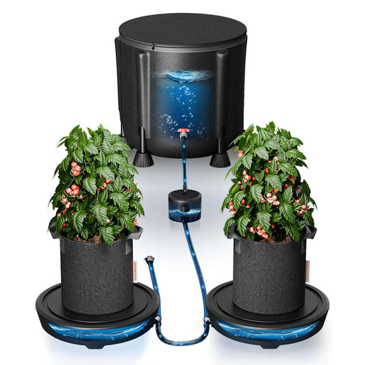 Spider Farmer self-watering system kit showcasing plants, gravity-fed bucket, and watering tubes for effortless hydration.