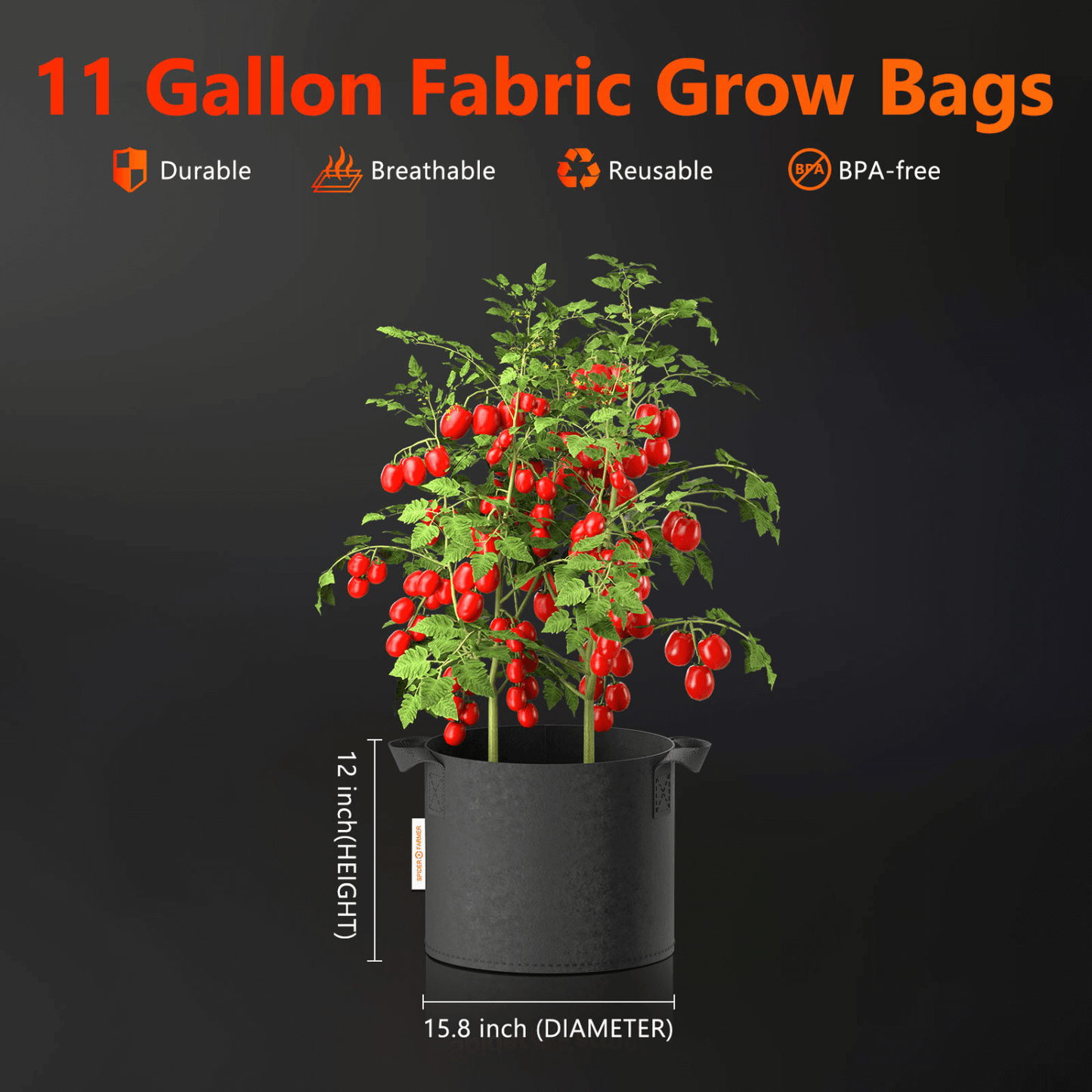 Spider Farmer 11 Gallon 300G Thickened Nonwover Fabric Grow Bag with Handles - 5-Pack | SPIDER-SF-GROWBAG11-C | Grow Tents Depot | Planting & Watering |