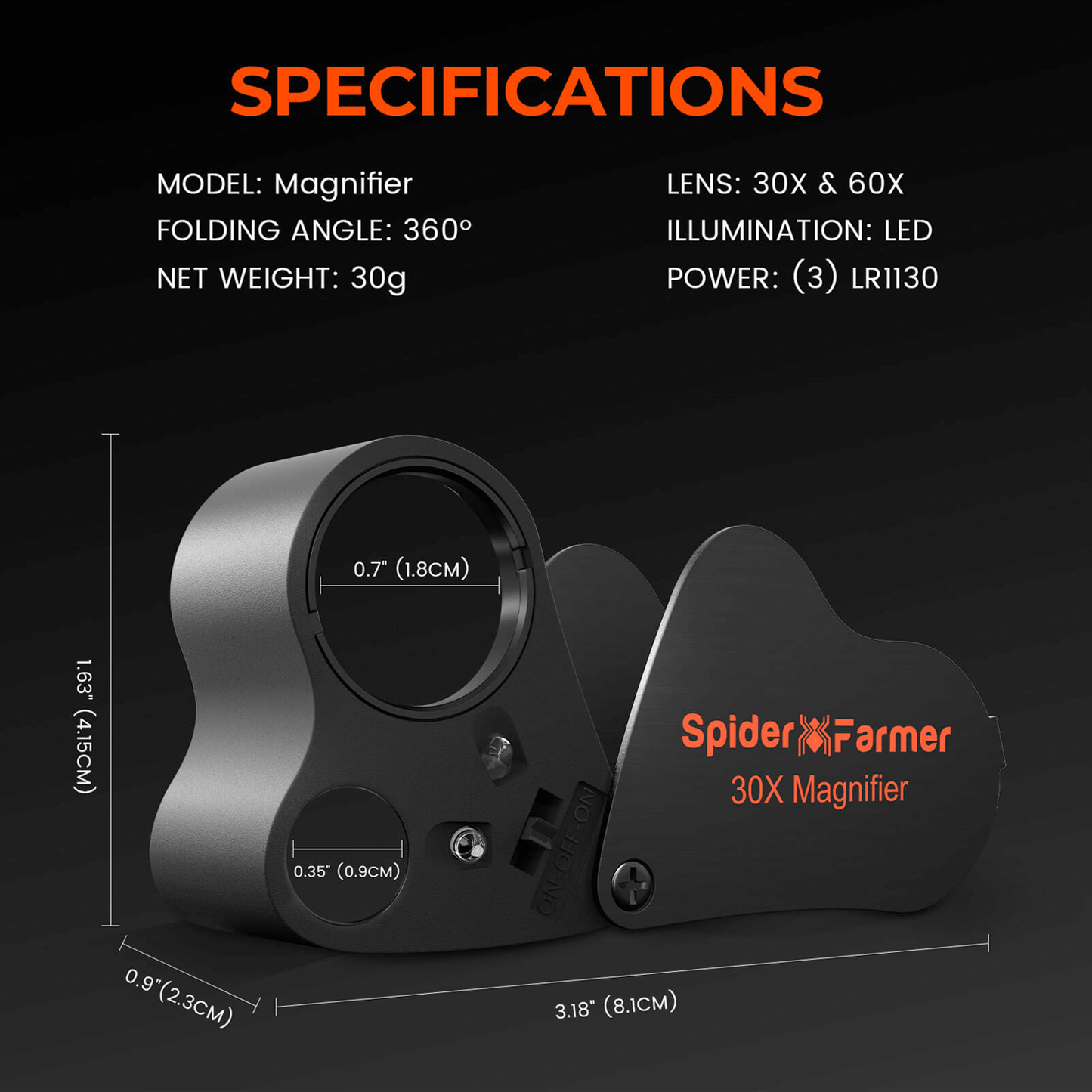 Spider Farmer 30X-60X Jewelers Loupe Magnifier with LED Light | SPIDER-SF-Magnifier-C | Grow Tents Depot | Harvest & Extraction |
