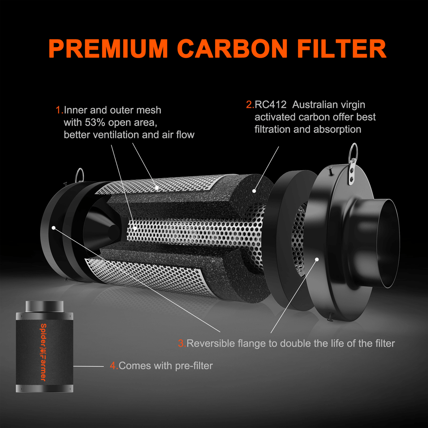 Spider Farmer 4" Incline Air Carbon Filter SF-4Carbonfilter Climate Control