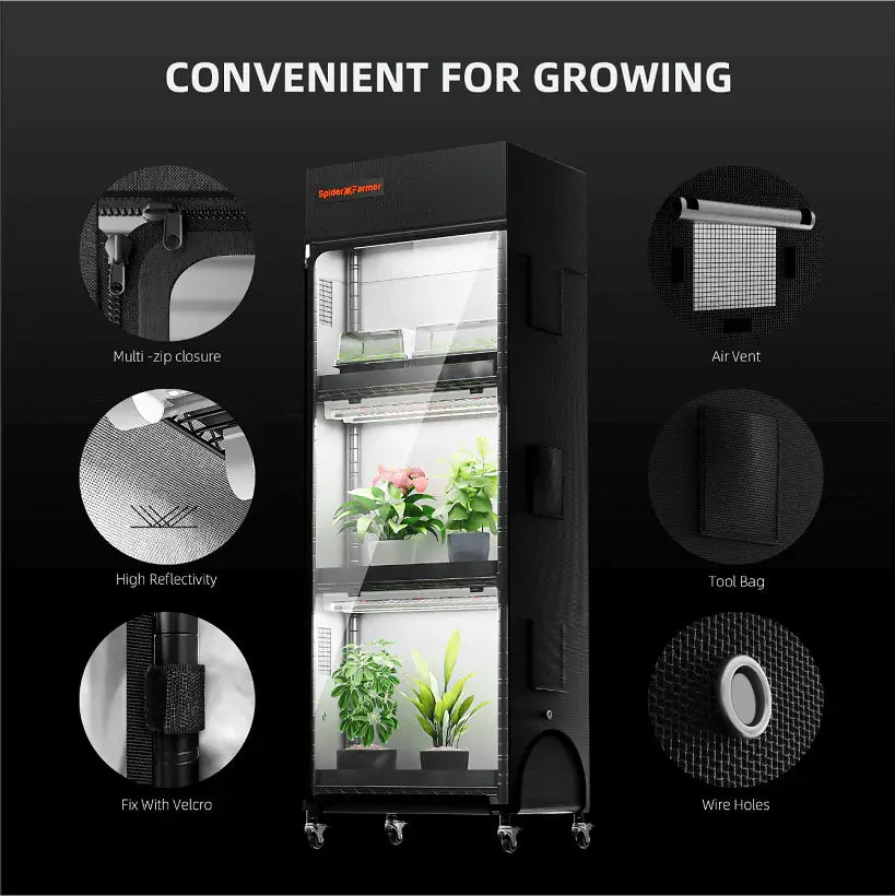 Spider Farmer 4-tier plant stand with grow lights, featuring multiple zip closure, air vent, and adjustable shelves.