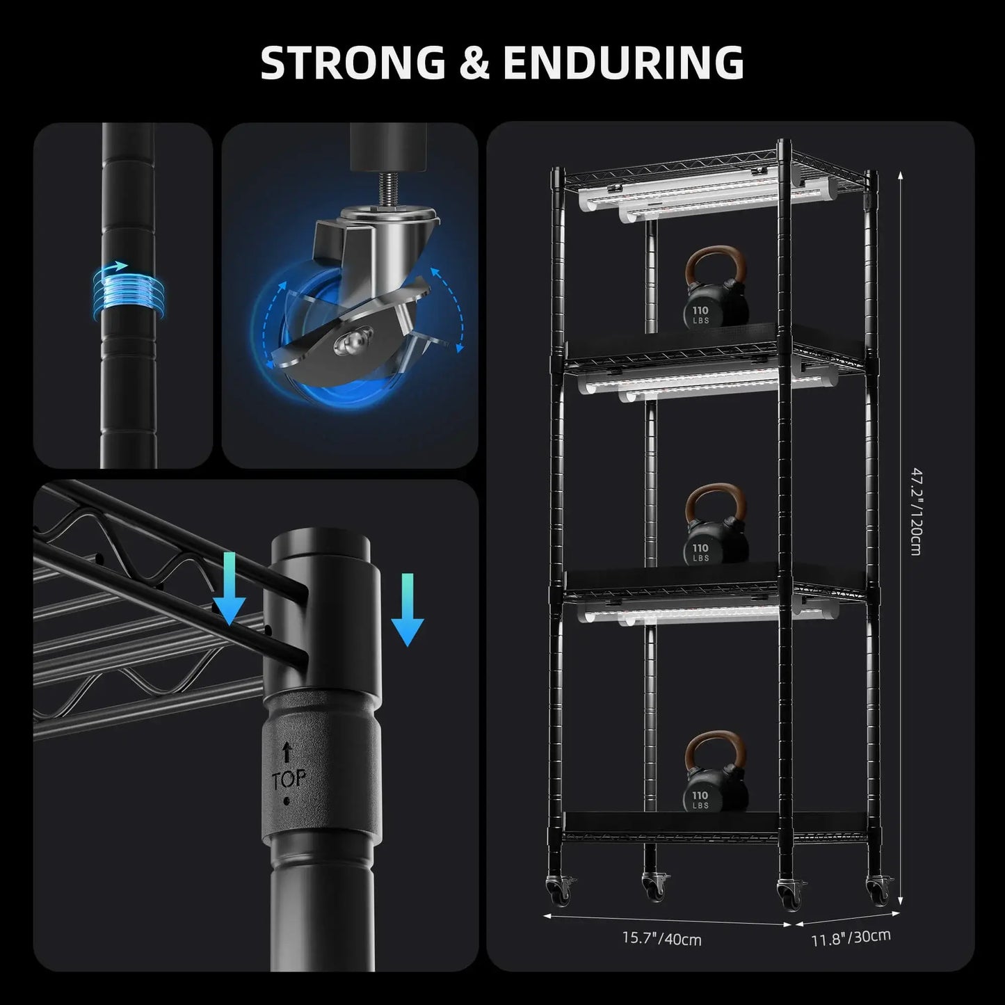 Collage of Spider Farmer 4-Tier Plant Stand features, showcasing strong materials and adjustable shelves.