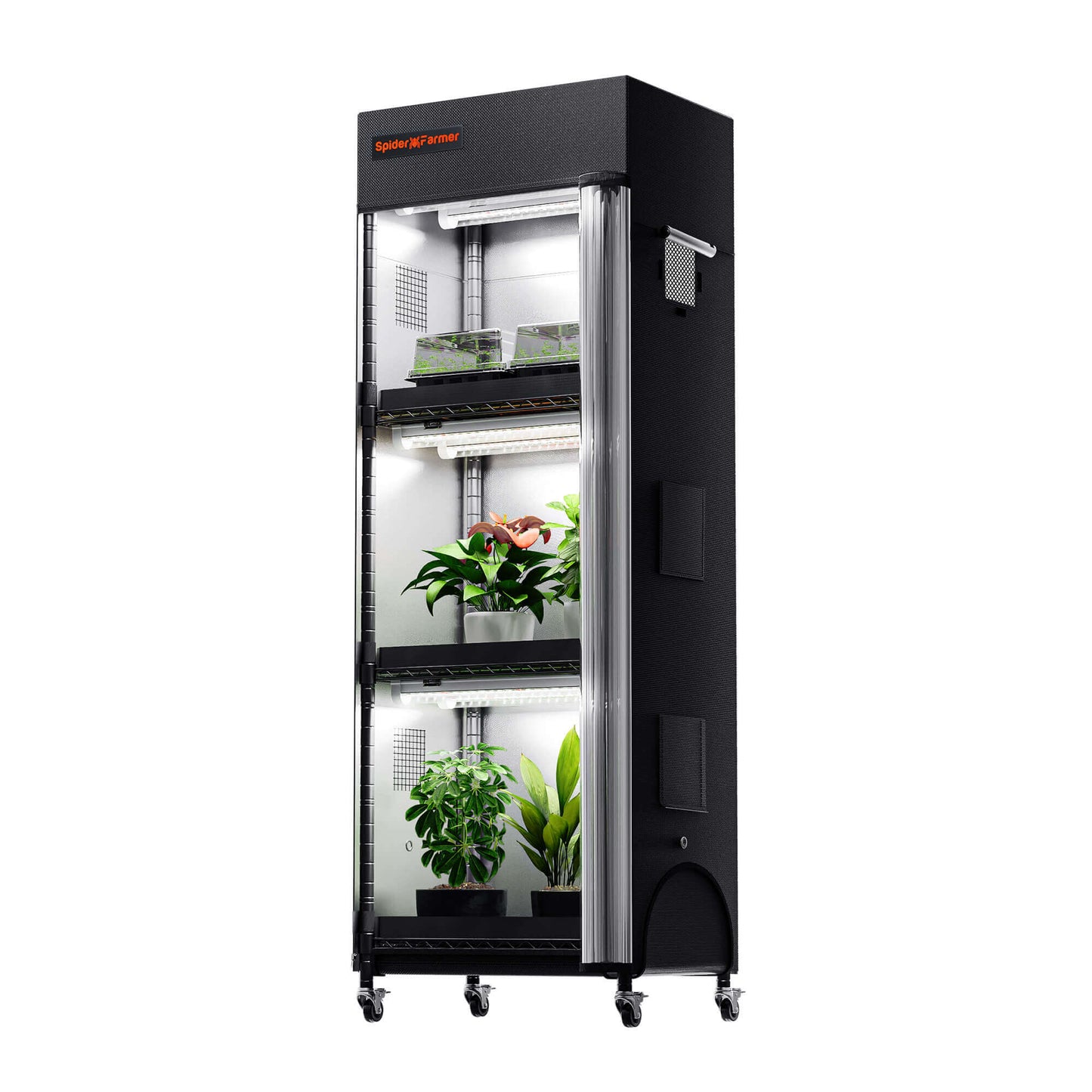 Spider Farmer 4-tier plant stand with LED grow lights, featuring adjustable shelves for indoor gardening.