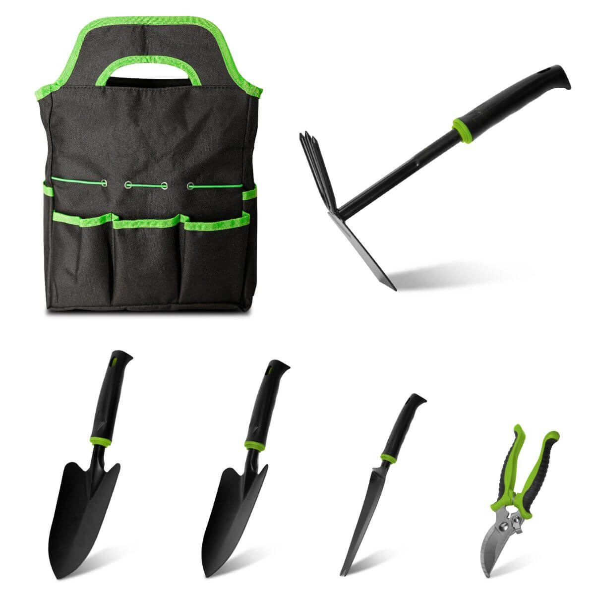 Mars Hydro 6 Piece Heavy Duty Garden Tool Set featuring a versatile dual-purpose hoe and storage bag.