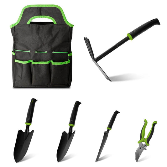 Mars Hydro 6 Piece Heavy Duty Garden Tool Set featuring a versatile dual-purpose hoe and storage bag.
